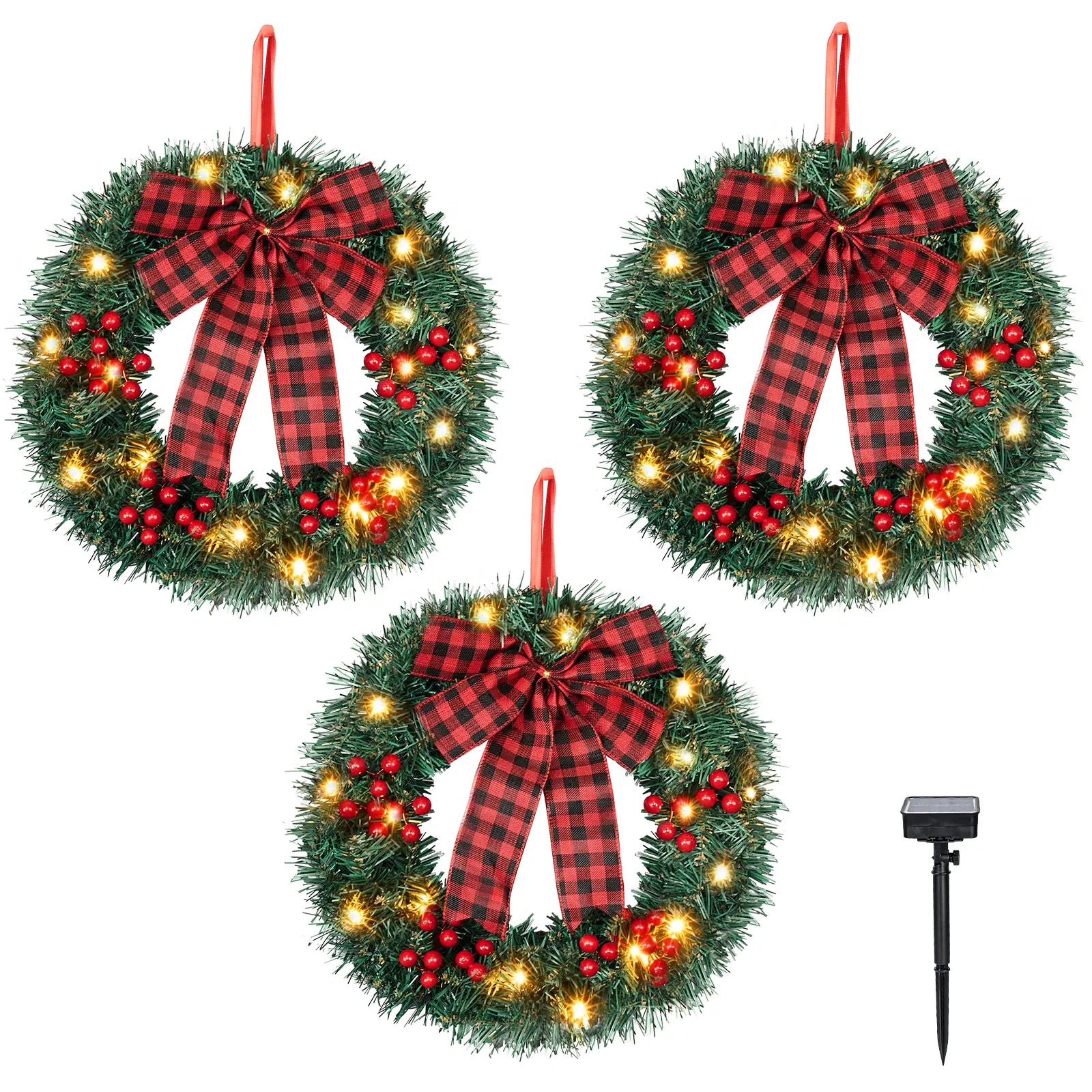 Ubesgoo 3 Pack 14 Inch Green Solar Christmas Wreath, PVC Material with 210 Branches, Decorated with Red Berries and Bows, 60 Warm White LED Lights, 8 Lighting Modes, Equipped with Ground Stakes
