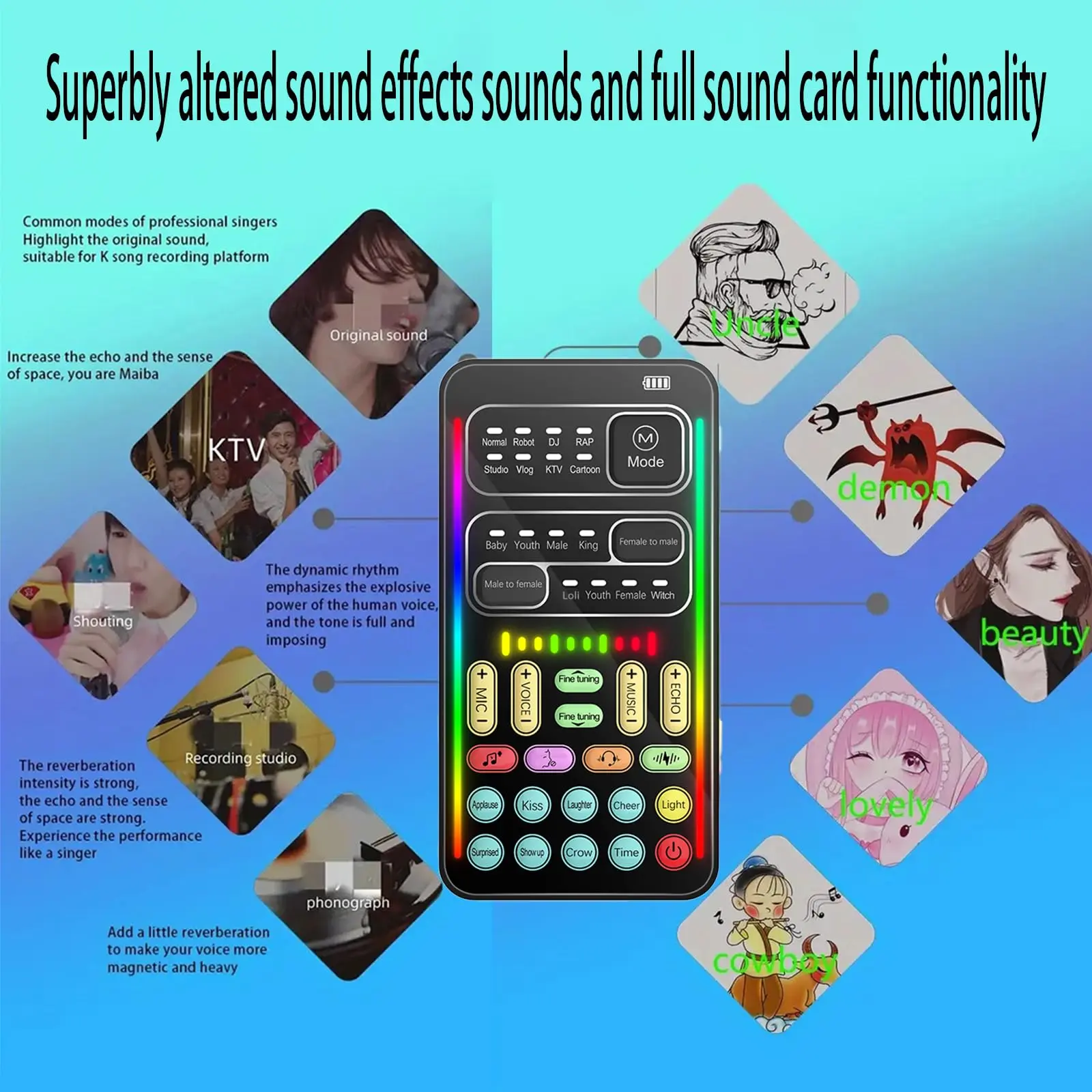 i9 Real-Time Voice Changer with Sound Card-8 Voice Effects, Full