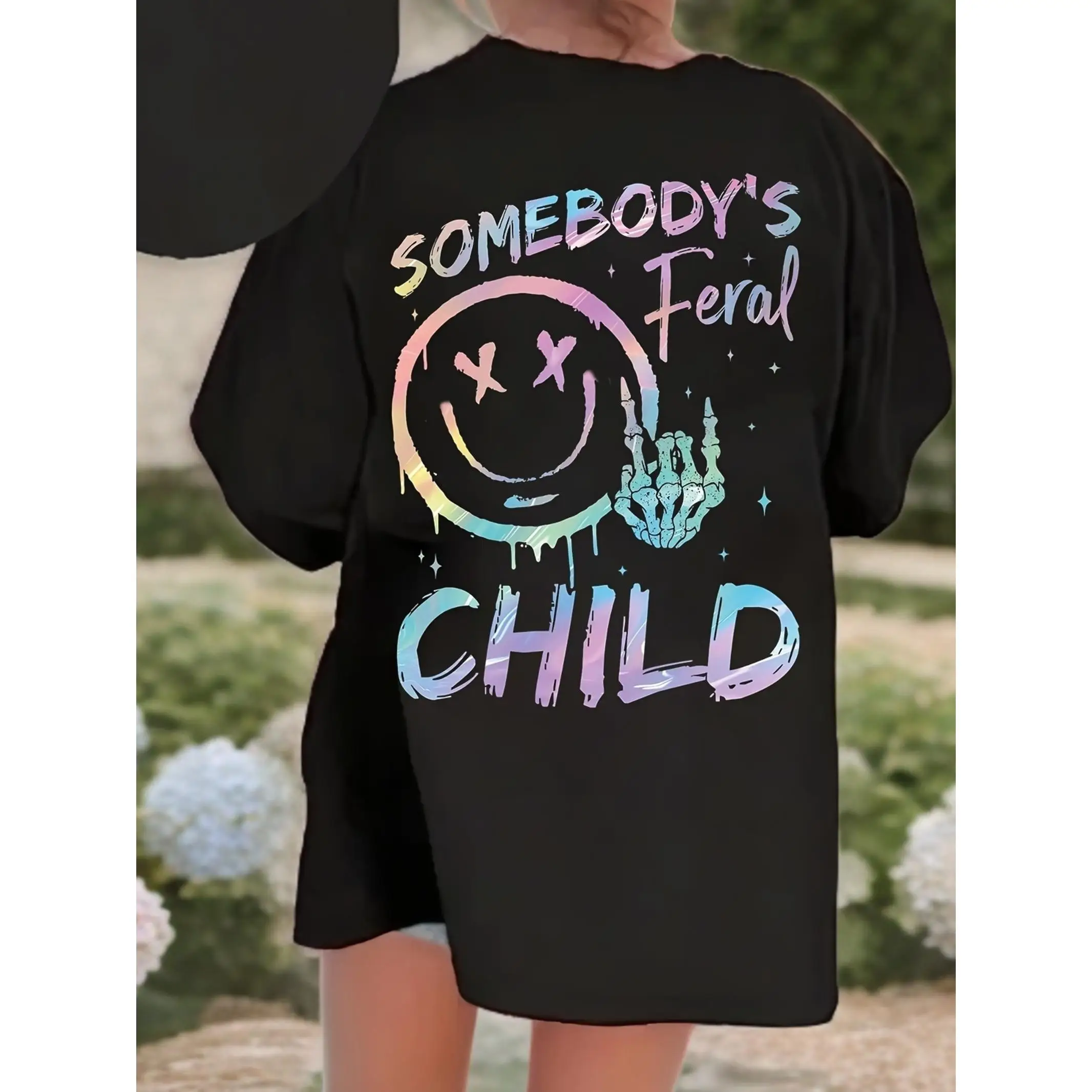 SOMEBODY'S FERAL CHILD Print 100% cotton Short Sleeve T-shirt, Comfy Casual Tees For Girls Summer，clothes for 2–10 girls |girlclothes|tops school | cu