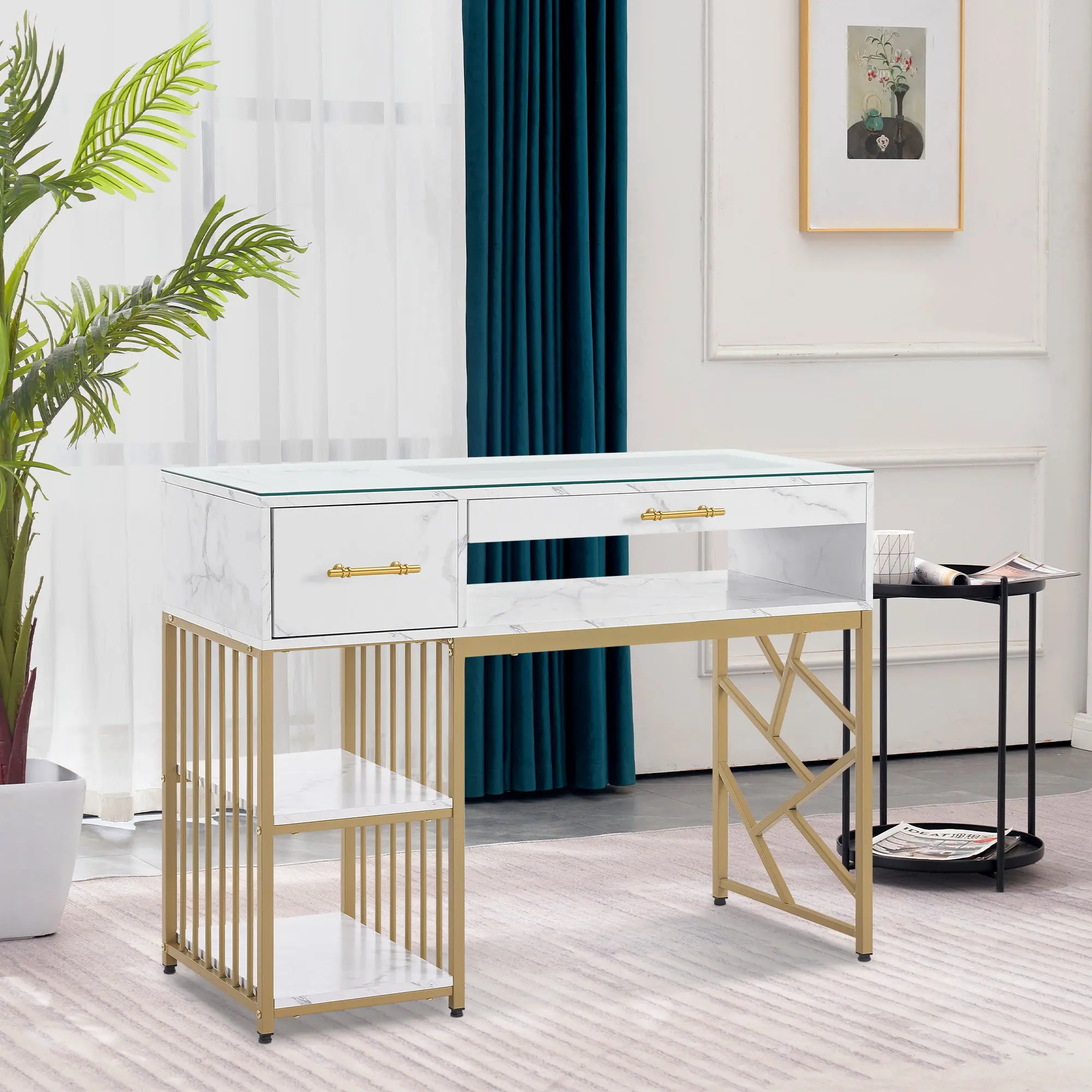 BarberPub Spa Salon Table - Marbling Texture Manicure Desk with Glass Top, Glass Display, Density Board Construction, Metal Legs, Nail Storage (Model 2460)