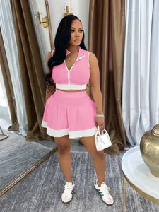 Women's Summer Two-Piece Set, Cute with Sleeveless Zipper Top and Pleated Skirt, Fashionable Casual Wear for Ladies, Womenswear, Clothes