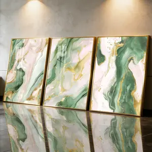 3 Count Aluminum Alloy Frame Canvas， Fashion Poster， Green Gold Abstract Marble Texture， Modern Living Room Decoration， Light Luxury Family Art， Suitable For Bedroom， Corridor And Office Wall Decor， Gift