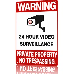 24 Hour Video Surveillance Aluminum Sign 8×12 Inch Red & White Warning Plaque for Private Property No Trespassing Decor Home Commercial Exterior bedroom decor gifts for boyfriend wall decor,home decor wall art