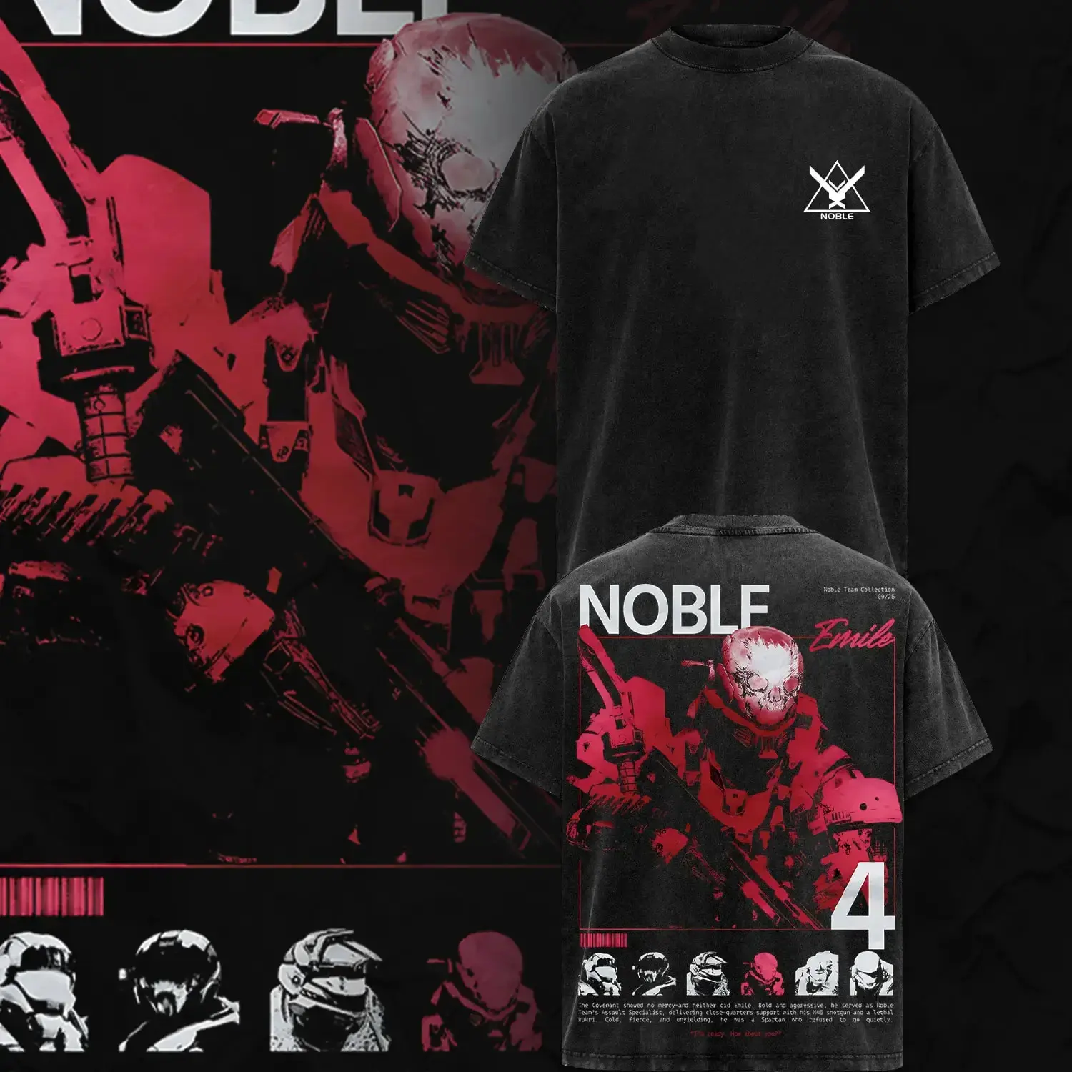 [Collection] Noble Team - Halo Reach Double Printed Oversize Lightweight Acid Washed Tee Game Graphic T-Shirt for Men Casual Day Wear Cotton Fabric - Jeans Vintage Gaming Retro Black Tee Oversized Heavyweight Cotton T-Shirts Love Menswear