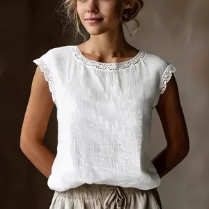 Women's Vintage Lace Trim Sleeveless Linen Blouse, Casual Loose Fit Crew Neck Solid Color Shirt