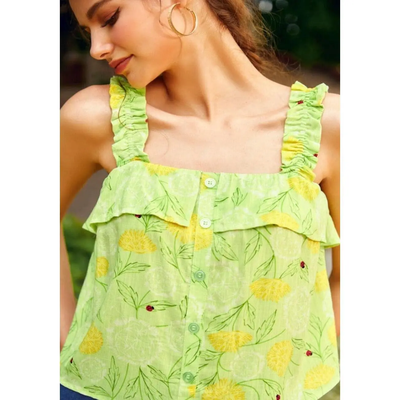ModCloth Radiant Ruffle Cropped Top Button Front, Sleeveless - Green Floral  Print (XS-4X) - TikTok Shop