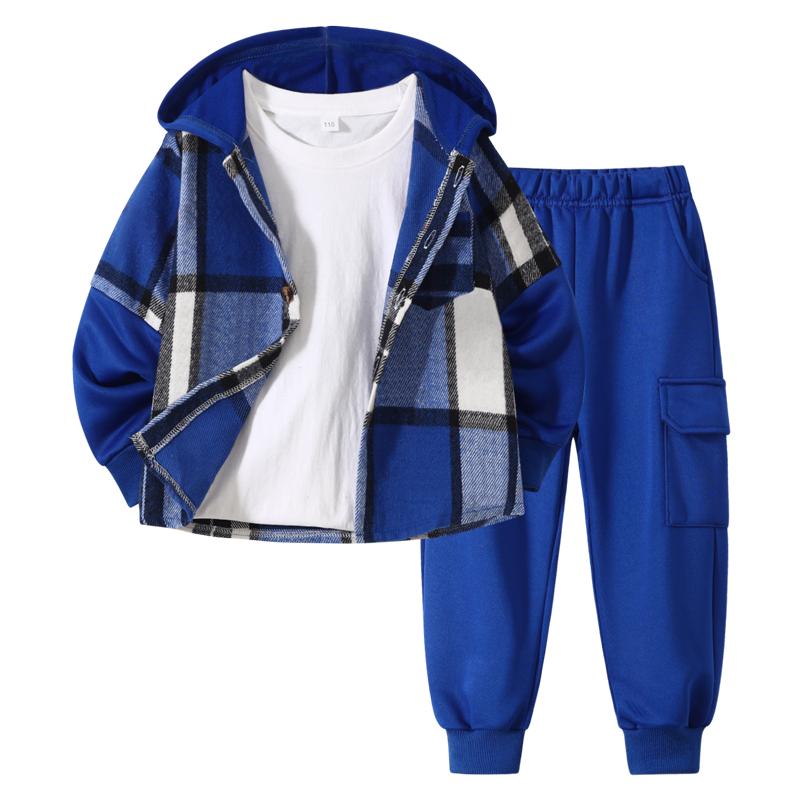 2-Piece Boys' Flannel Plaid Shirt & Pants Set with Hoodie Sweatshirt Suitable for Fall, Winter, and Spring Ages 4-12
