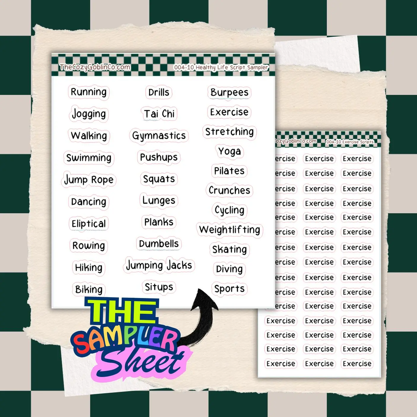 Healthy Living Exercise Scripts (with sampler sheet option) Journal Stickers | Planner Stickers