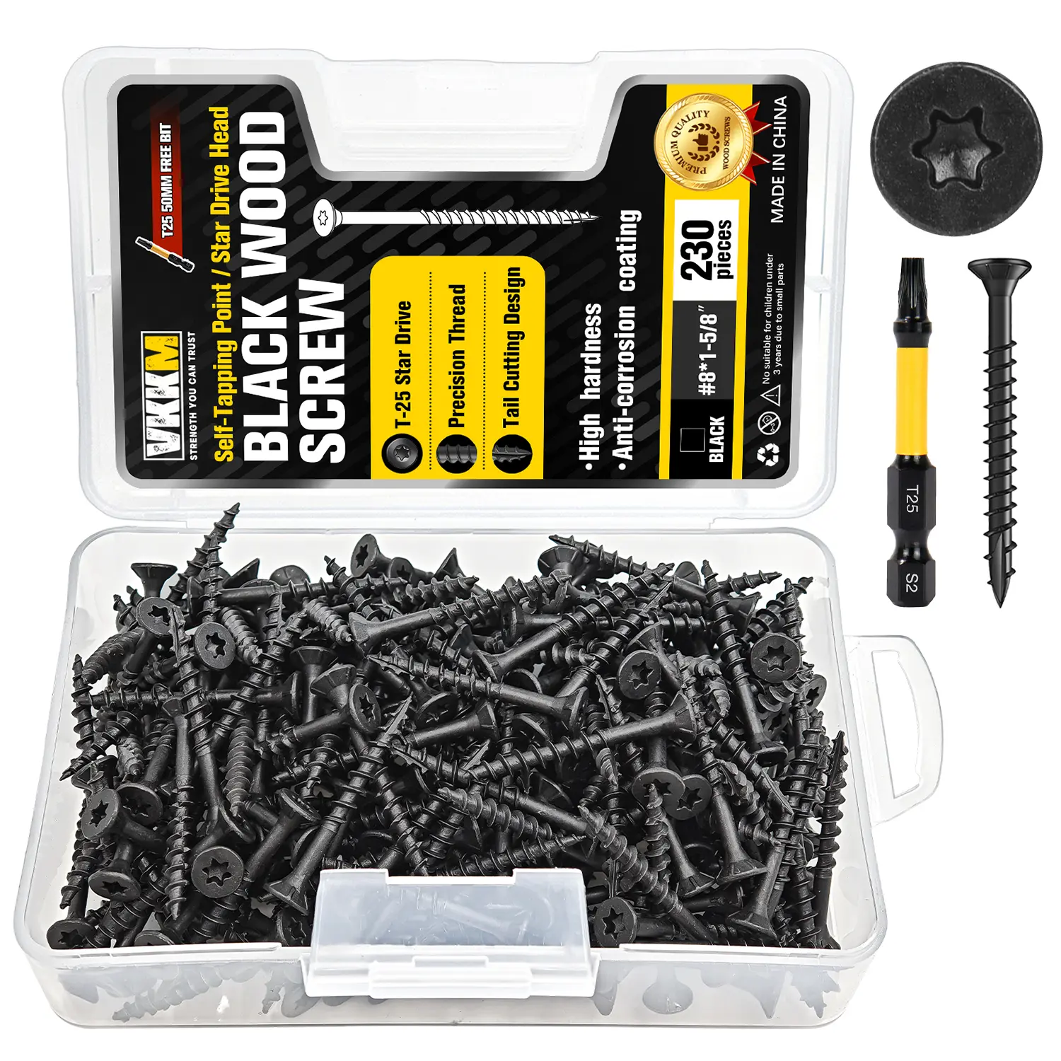 VKKM 230PCS #8x1-5/8in Flat Head Metal Self-Drilling Wood Screws, Black T25 Torx Star Drive, Carbon Steel Anti-Rust Coating, No Pre-Drilling, Free T25 Bit for Gardens, Sheds, Outdoor DIY Woodworking Projects
