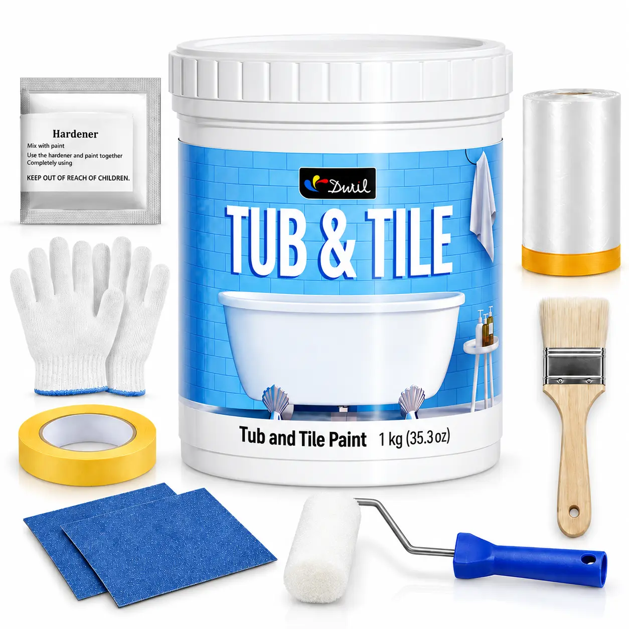 DWIL Tub and Tile Paint Refinishing Kit with Hardener, 1kg Semi-Gloss White Bathtub and Ceramic Tile Paint, Covers 50–55 Sq. Ft., Complete DIY Tools Included