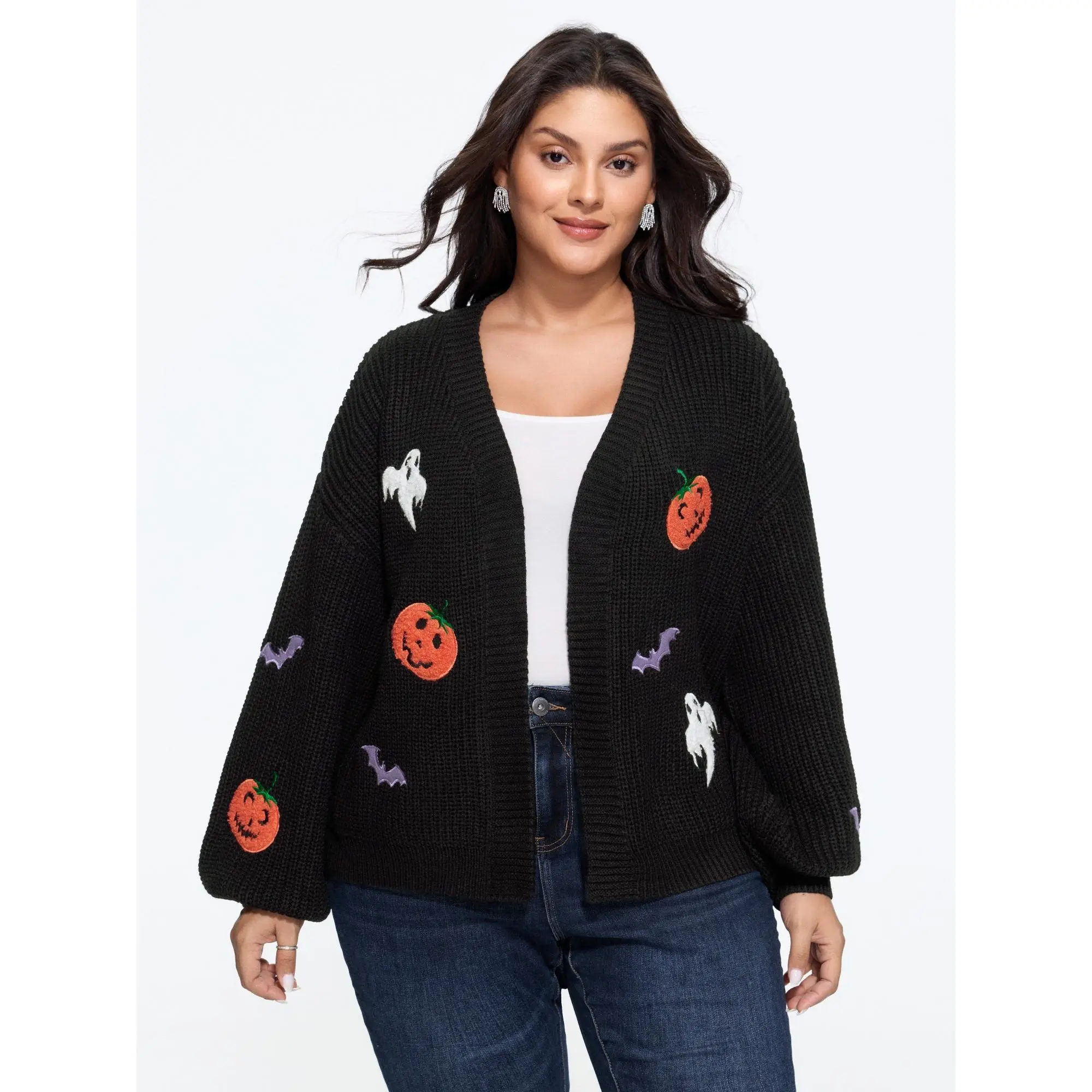 BloomChic Plus Size Halloween Cardigan With Pumpkin Ghost Bat Embroidery, Cute Spooky Fall Sweater Open Front Layering [M-6X]