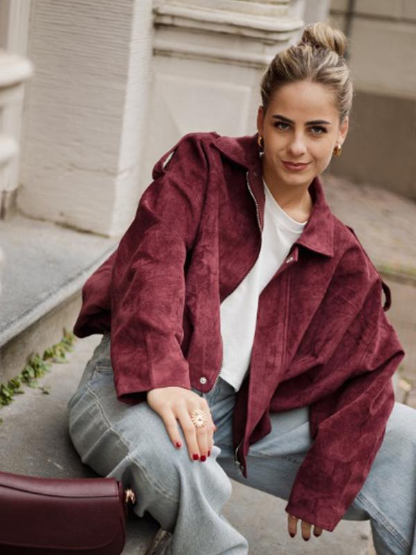 Women's Cropped Suede Jacket Demi-Season Bomber Jacket Female Outerwears Street Long Sleeve Oversized Black Brown Green Red Jacket Woman Fashion Zip Up Short Coat