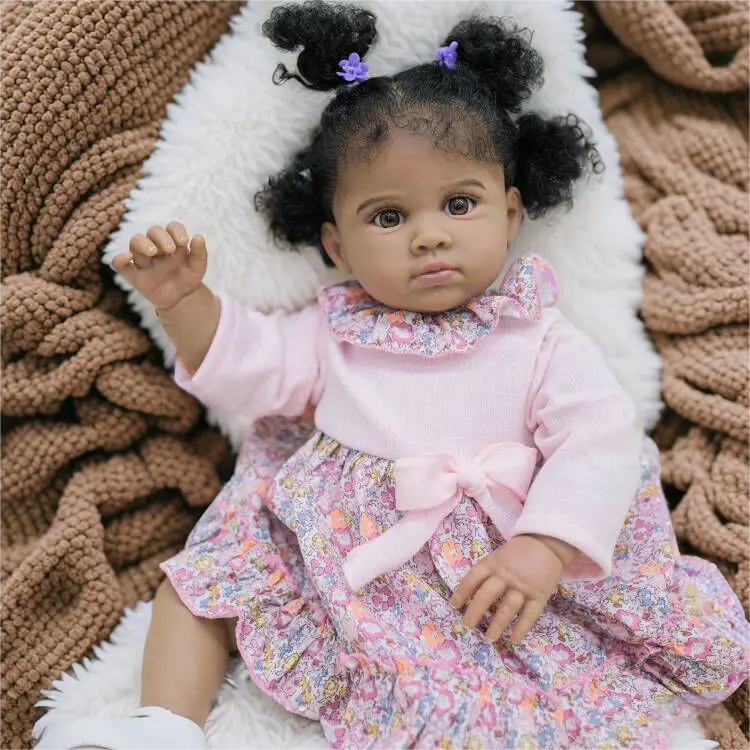 Reborn Baby Dolls 24 inch African American Black Soft Body Realistic Silicone Vinyl Toddler Dolls Real Life Baby Dolls Cloth Body Doll Toy Gift for Kids Age 3+