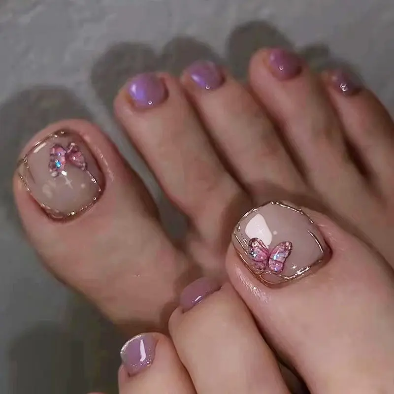 Cat Eye Design Butterfly Pattern Press on Fake Toenail for Women & Girls Nail Art, 24pcs Fashion Press on Toenail & 1 Count Tape & 1 Count Toenail File, Elegant Stick on Toenail Kit for Women's Gift