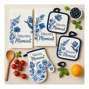 5-Piece Kitchen Towel & Oven Mitt Set – “Enjoy Every Moment” Blue Floral Design