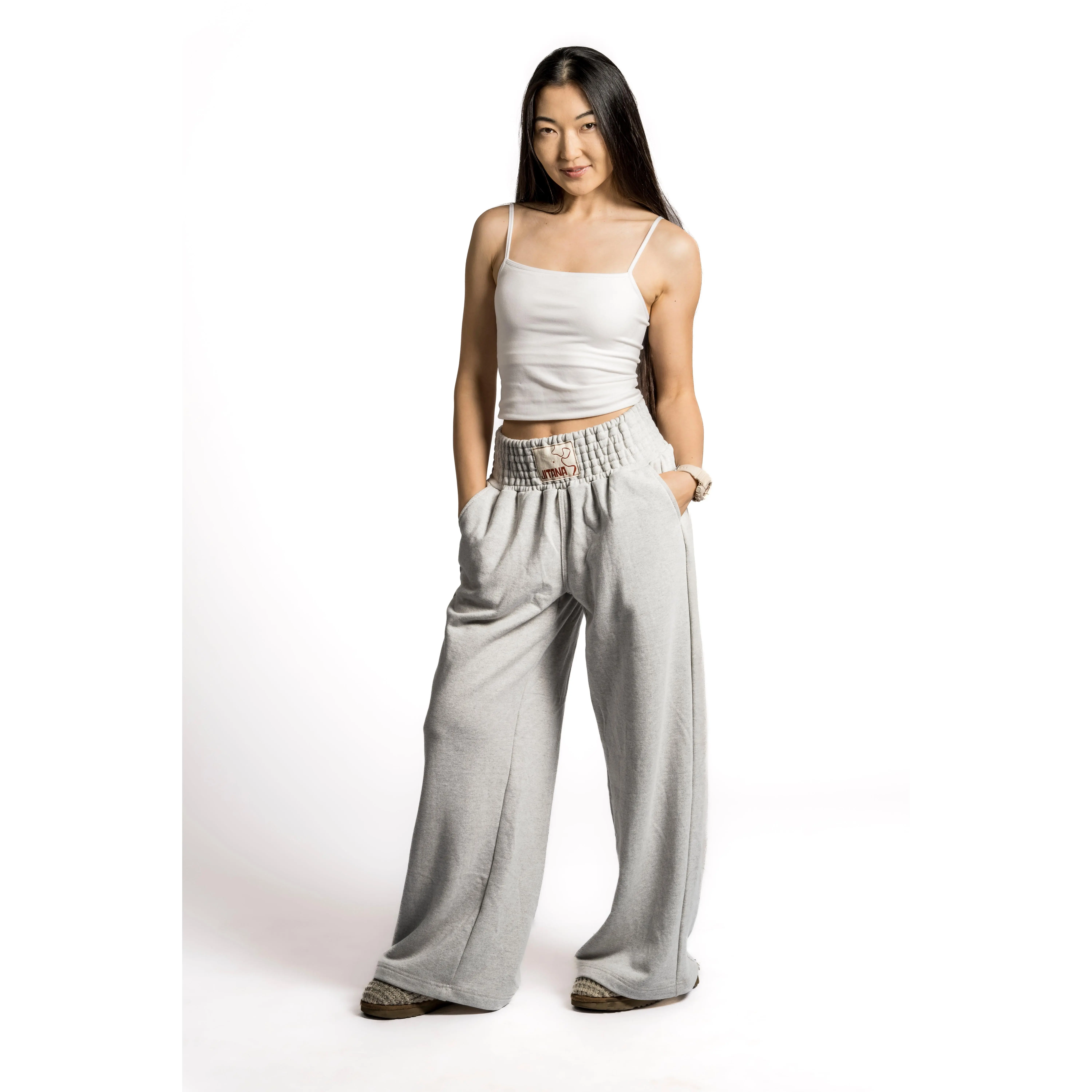 JITANA Women's Mae French Terry Wide Leg 2-Pocket Sweats - Ruched Elastic Waistband, Comfy Casual Cotton Polyester Pants, All-Weather Womenswear Bottoms, Solid Grey