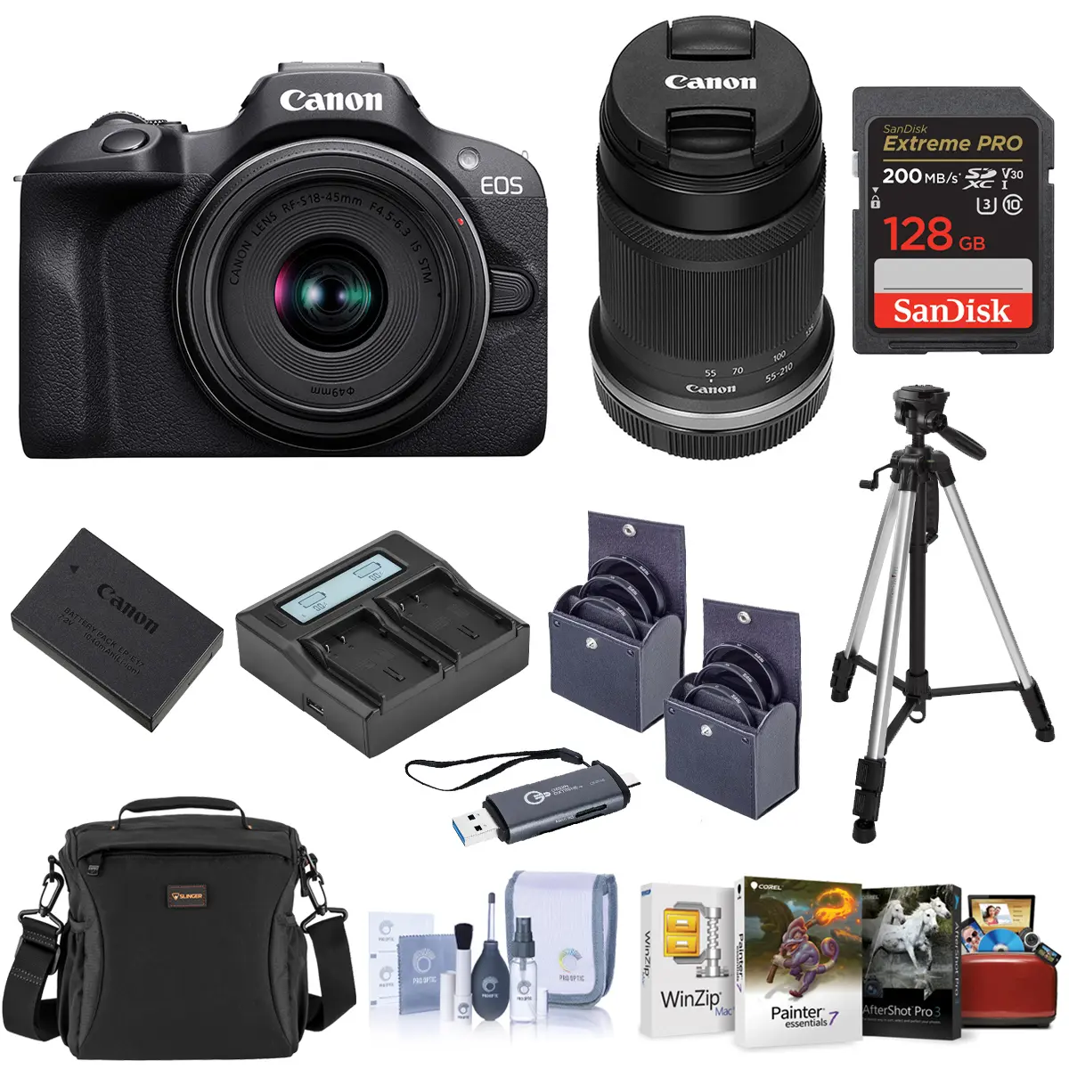 Canon EOS R100 Mirrorless Camera with RF-S 18-45mm f/4.5-6.3 & 55-210mm f/5-7.1 Lenses, Bundle with Memory Card, Extra Battery & Charger, PC & Mac Software Kit, Tripod, and Filter Kit