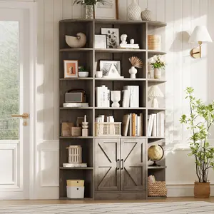 6-Tier Farmhouse Bookshelf with Doors, Tall Bookcase with Open Shelves and Barn Door Cabinet, Rustic Wood Grain Display Shelf, Freestanding Storage Cabinet with Fan Side Design for Living Room Home Office Bedroom
