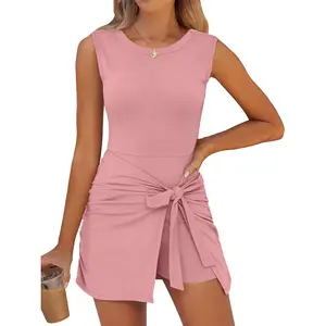 Women Summer Sleeveless Bodycon Tie Cinched Waist Romper Skort Mini Dress Built in Shorts Night Out Vacation Dress