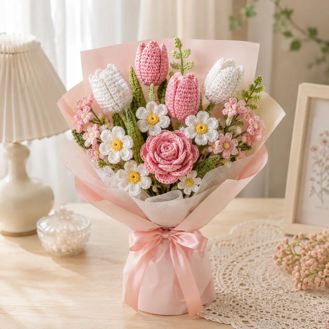 Handmade Crochet Flower Bouquet, Pink Tulip Rose Daisy Bouquet, Everlasting Yarn Flowers, Romantic Gift for Her, Birthday Anniversary Decor