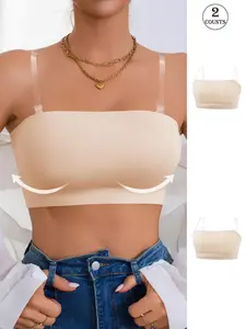 Women's Solid Color Seamless Strapless Bra with Transparent Straps, Casual Comfortable Breathable Push Up Bra, Ladies Sportswear for Indoor Outdoor Wear