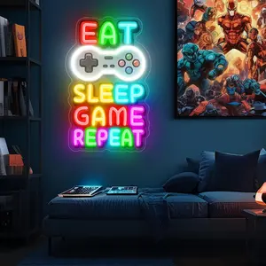 Game Neon Sign, EAT SLEEP GAME REPEAT Wall Decor Glow at Night Neon Light for Gamer Room Decor Bedroom Wall Gaming Wall Decoration