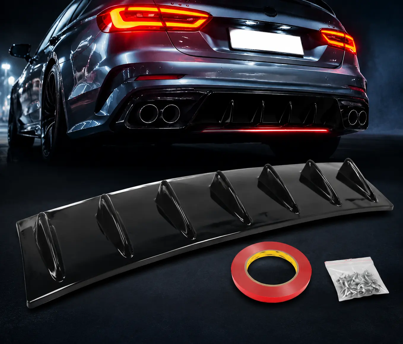 Universal Carbon Fiber Shark Fin Rear Bumper Diffuser Lip Spoiler – Sport Racing Style Rear Splitter Kit for Cars SUV Sedan Hatchback, Easy Install No Drill Exterior Car Body Upgrade Accessory #CarAccessories #CarMods #CarTuning #JDMStyle #SportCarLook