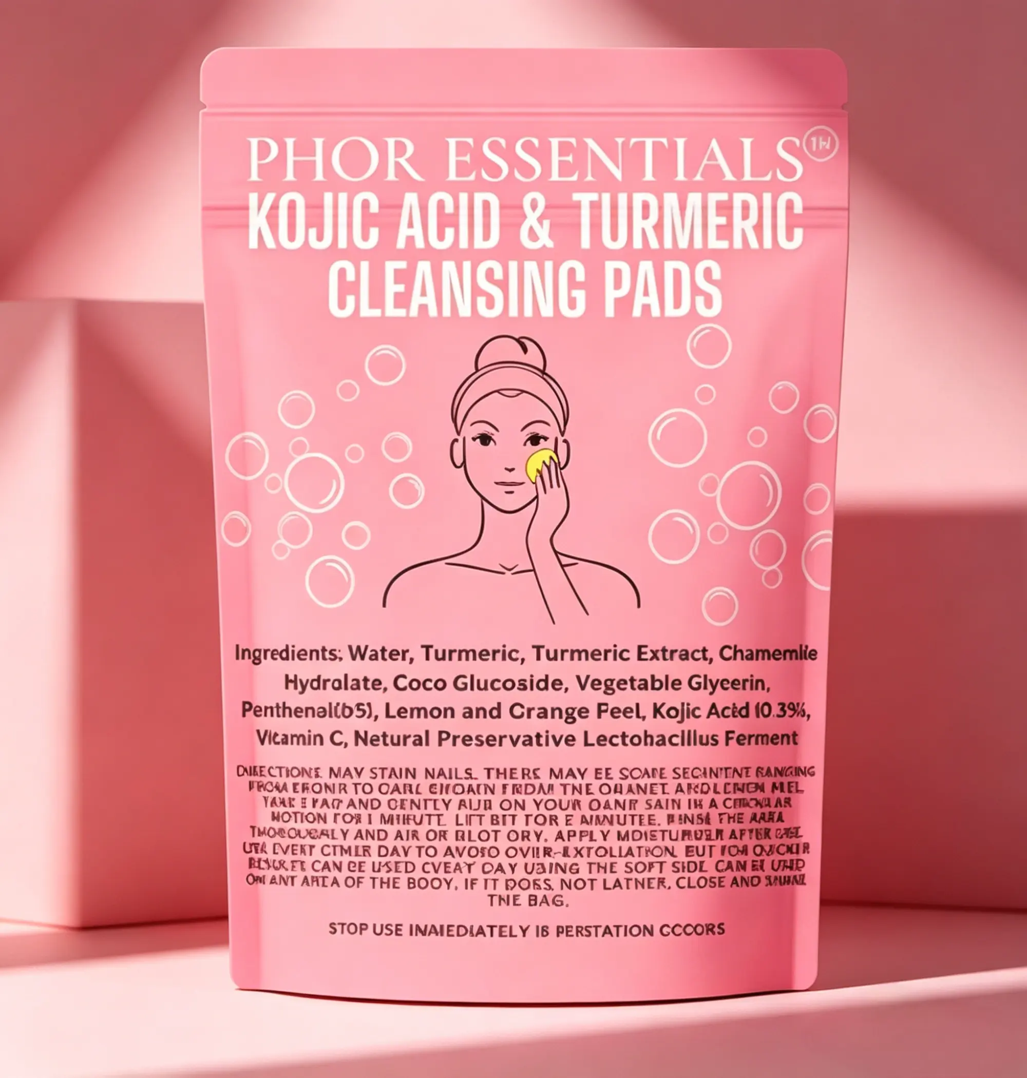 PHOR ESSENTIALS Gentle Skin Smoothing Facial Cleanser Pads, Infused with Turmeric, Kojic Acid and Chamomile