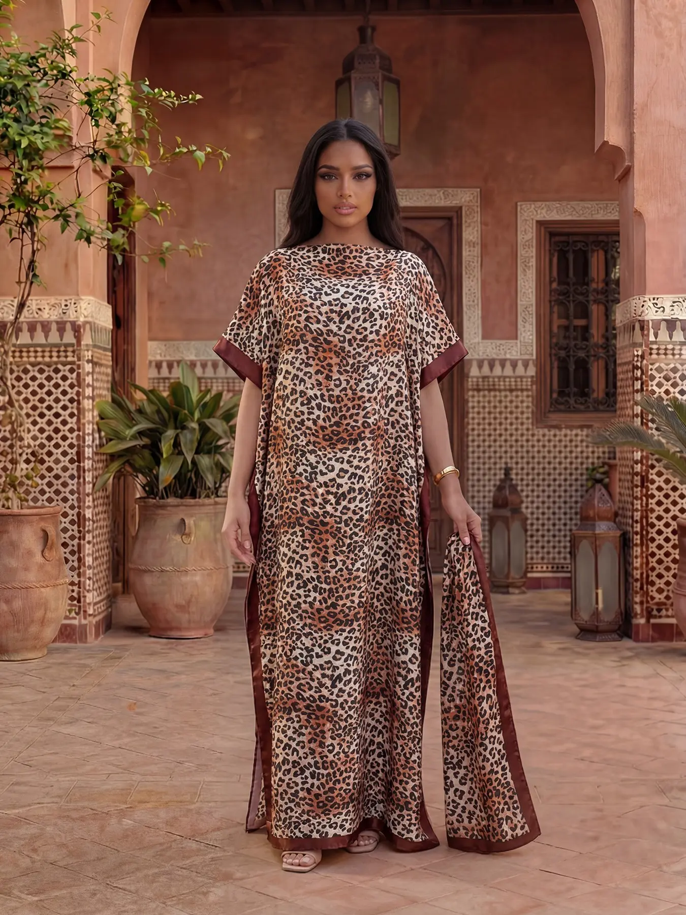 Sexy Leopard Print Robe Set with Matching Headscarf, Women Outfit, Versatile Two-Piece Design, Loose-Fitting, Elegant Chic Style, All Seasons, Accessories