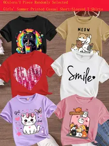 Girls Summer Trendy Fashion Heart & Cat Print Comfortable Versatile Short Sleeve T-Shirt, Casual Loose-Fitting Top Gift, Graphic Tee