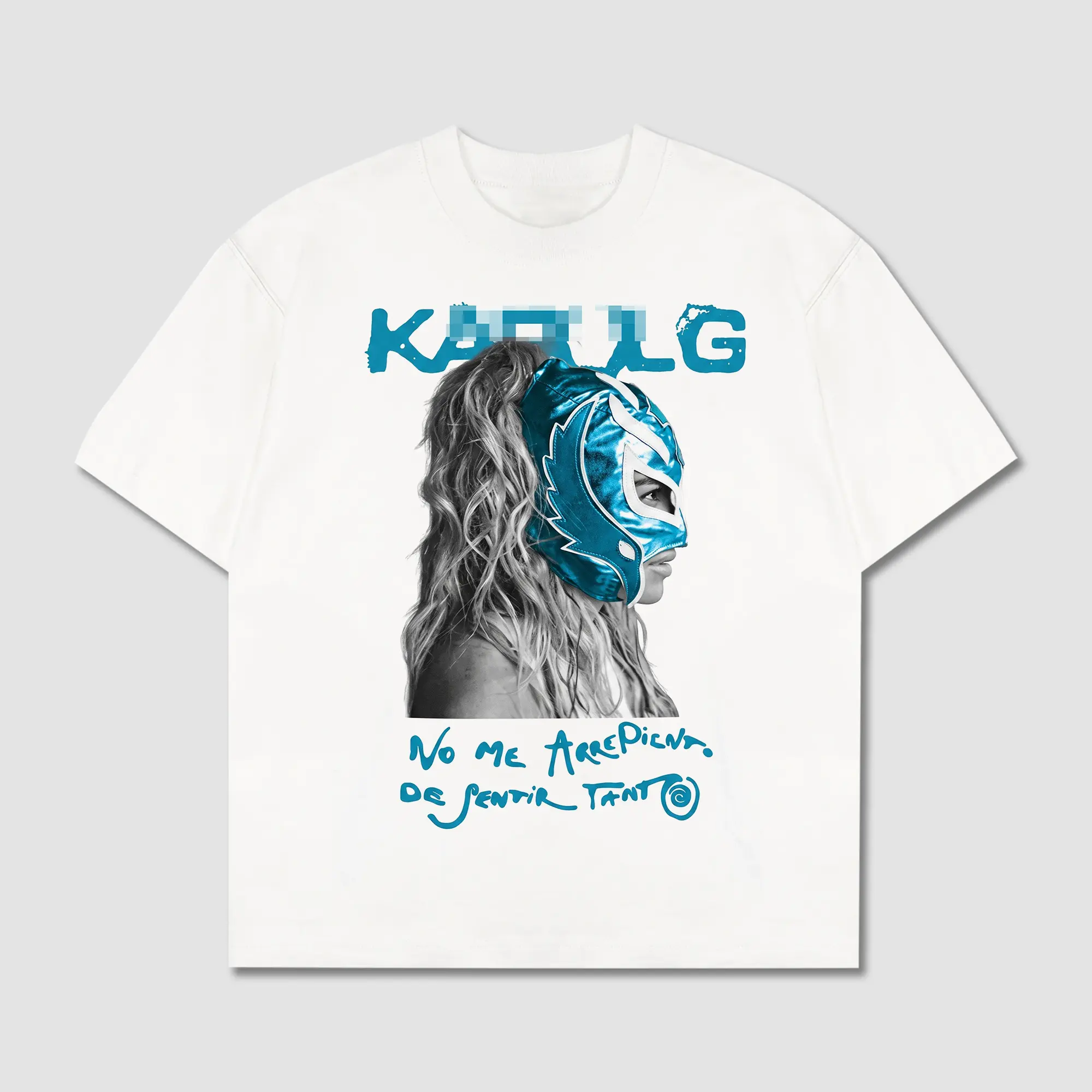 Karol-G No Me Arrepiento De Sentir Tanto Graphic Tee, Blue Lucha Libre Mask T-Shirt, La Bichota Mexican Wrestling Mask Shirt, Bichotas Latin Music Fan Gift, KG Reggaeton Concert Merch, White Heavyweight Streetwear