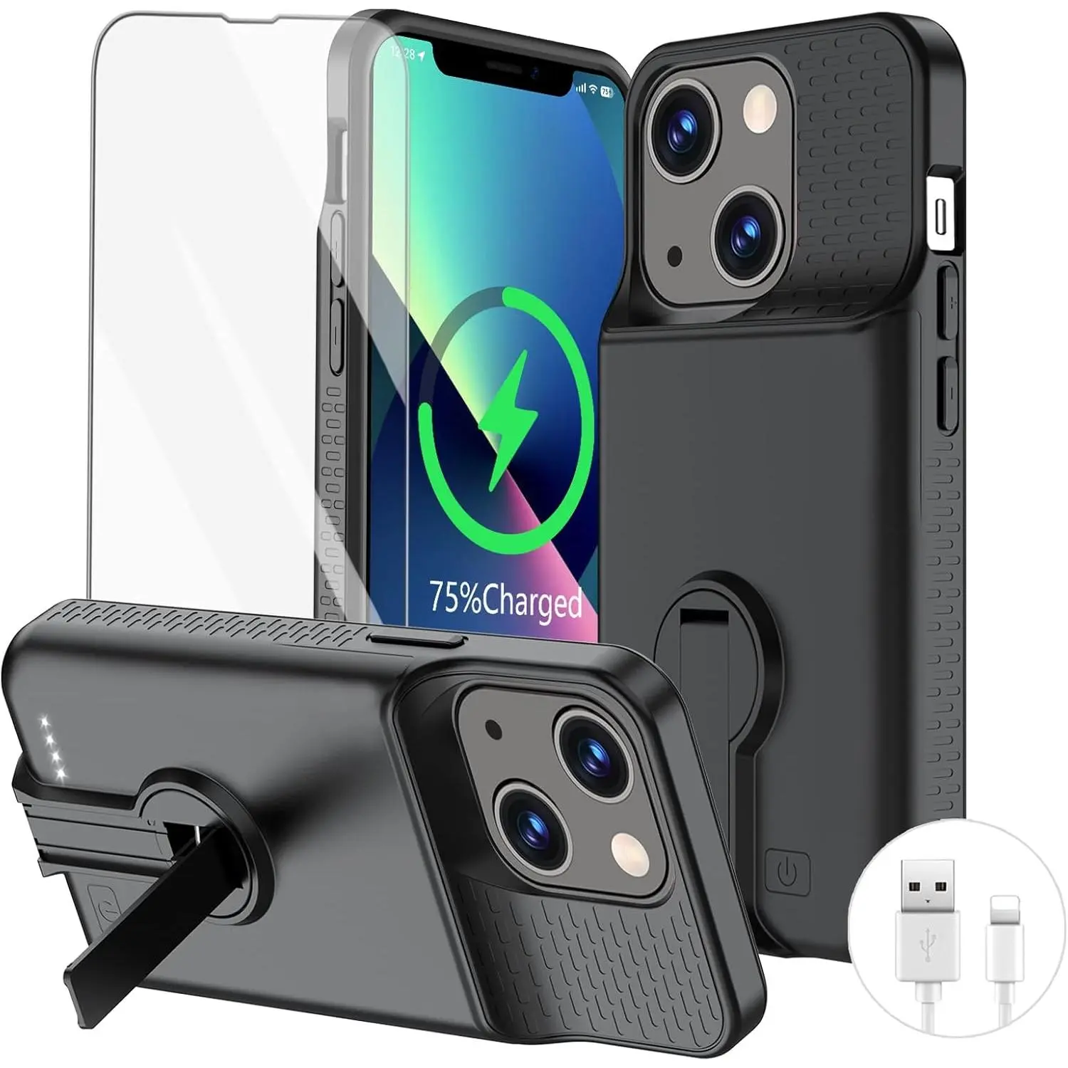 Case for iPhone 13/13 Pro/14/14 Pro, Charg Case with Stand 7000mAh Rechargeable Ultra-Slim Anti-Fall Protection Extended Charger Cover for iPhone 14/14Pro/13/13 Pro  Case 6.1" Black