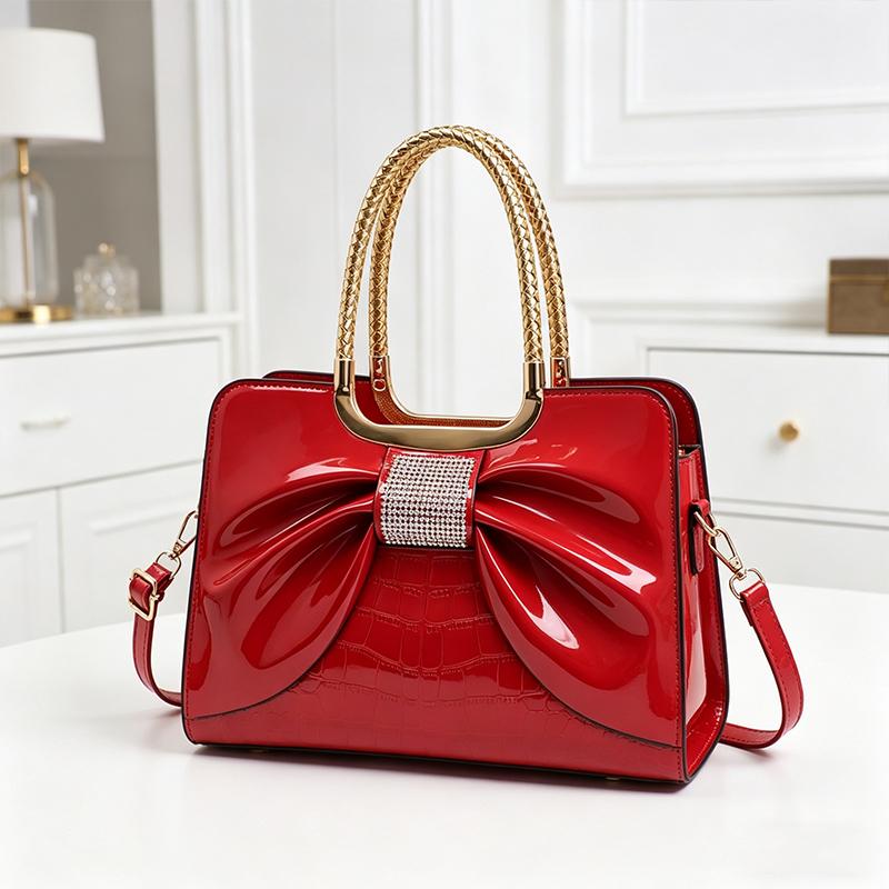 Women’s glossy leather handbag with top handle — medium-structured shoulder/handbag with adjustable strap