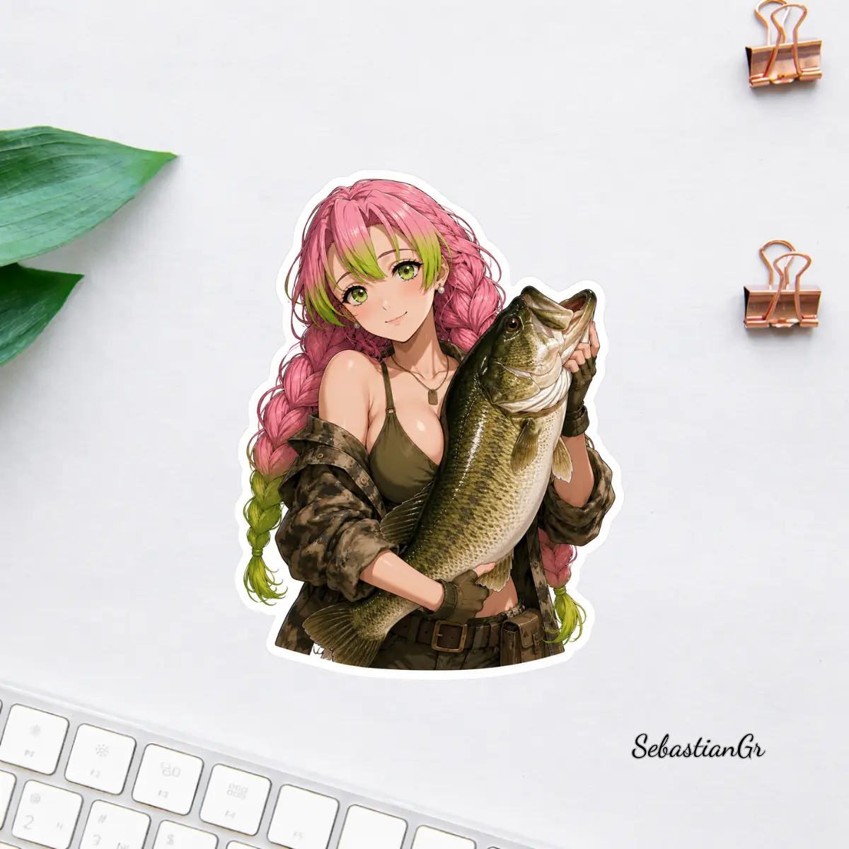 Mitsuri Kanroji Fishing Sticker, Demon Slayer Anime Vinyl Decal, Waterproof Laptop Water Bottle Sticker