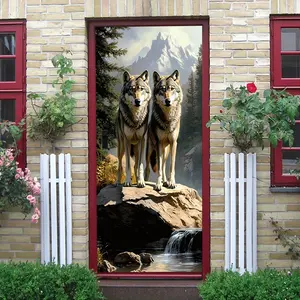 2pcs   High Definition Mountain Forest Twin Wolf Totem Wall Stickers Removable Self Adhesive Animal Murals for Living Room Entrance Bedroom Background Wall Decorative Art Decals Home Decor  Collage S