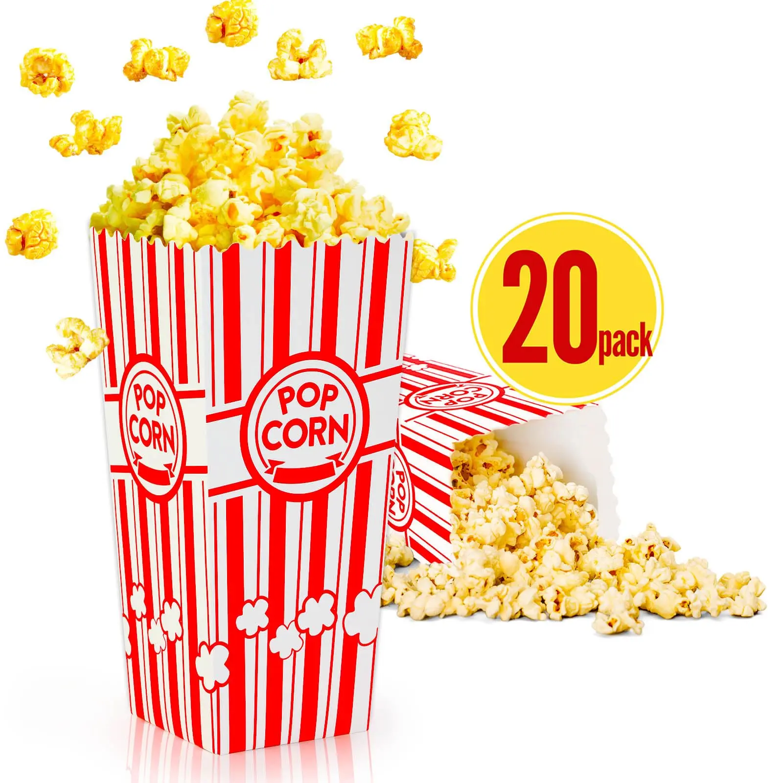 20-Pack Popcorn Boxes, Sturdy and Durable Popcorn Bucket, 7.75in Tall Large Capacity Popcorn Containers, Cups & Bowls, Convenient Movie Night Supplies, Perfect for Families, Parties, Carnivals
