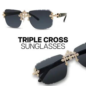 MaxBling81 Unisex Moissanite Fleuree Triple Cross Motif Aviator Sunglasses - 5.5" Width, PC Plastic Frame, UV Protection Lenses, Unisex Design Stylish Fashion Eyewear