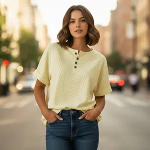 Women's Cotton Linen Striped T-Shirt – V-Neck, Button Detail, Loose Fit