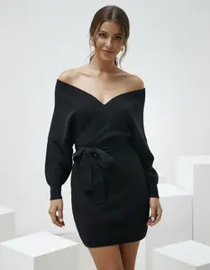 misslulupop V-Neck Wrap Long Dolman Sleeve Knit Bodycon Sweater Dress Elegant Fall Winter Casual Holiday Dress