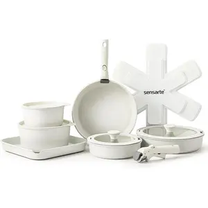 SENSARTE 17 Piece Pots and Pans Set, Nonstick Detachable Handle Cookware Set, Induction     Kitchen Cookware Set with Removable Handle, Healthy Non Stick for RV, Dishwasher ＆ Oven Safe, PFOA Free (White)