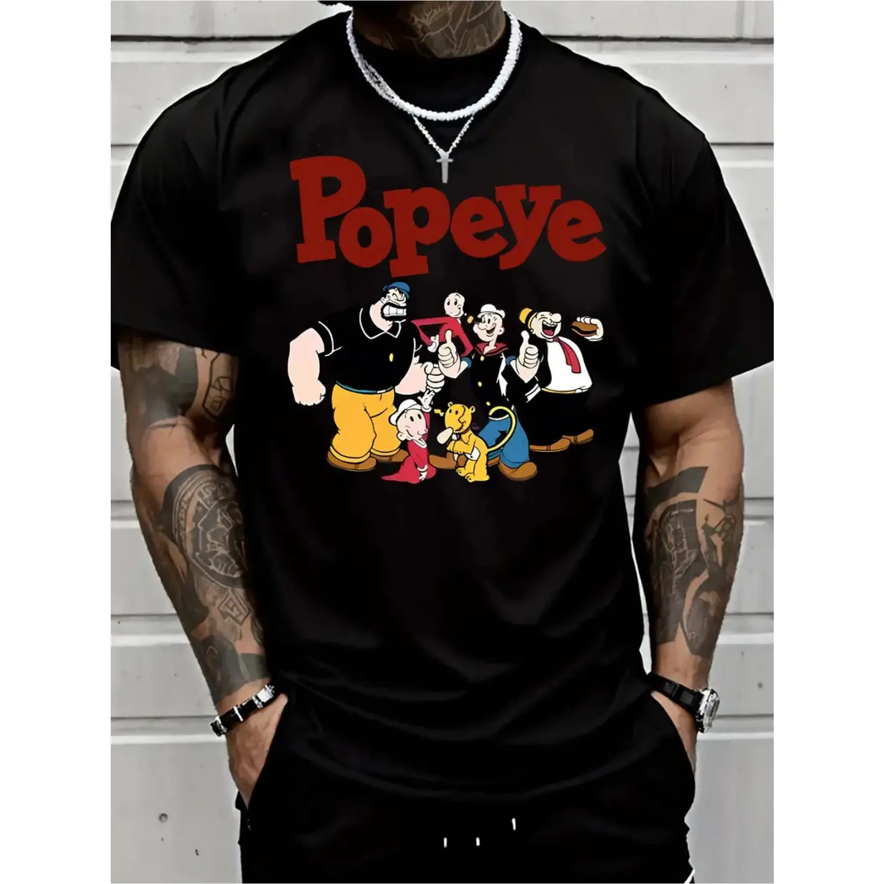 🔥 🎨 Men'S Casual Cotton T-Shirt, Crew Neck, Slight Stretch, Regular Fit, with Popeye and Family Graphic, for All-Season  Top