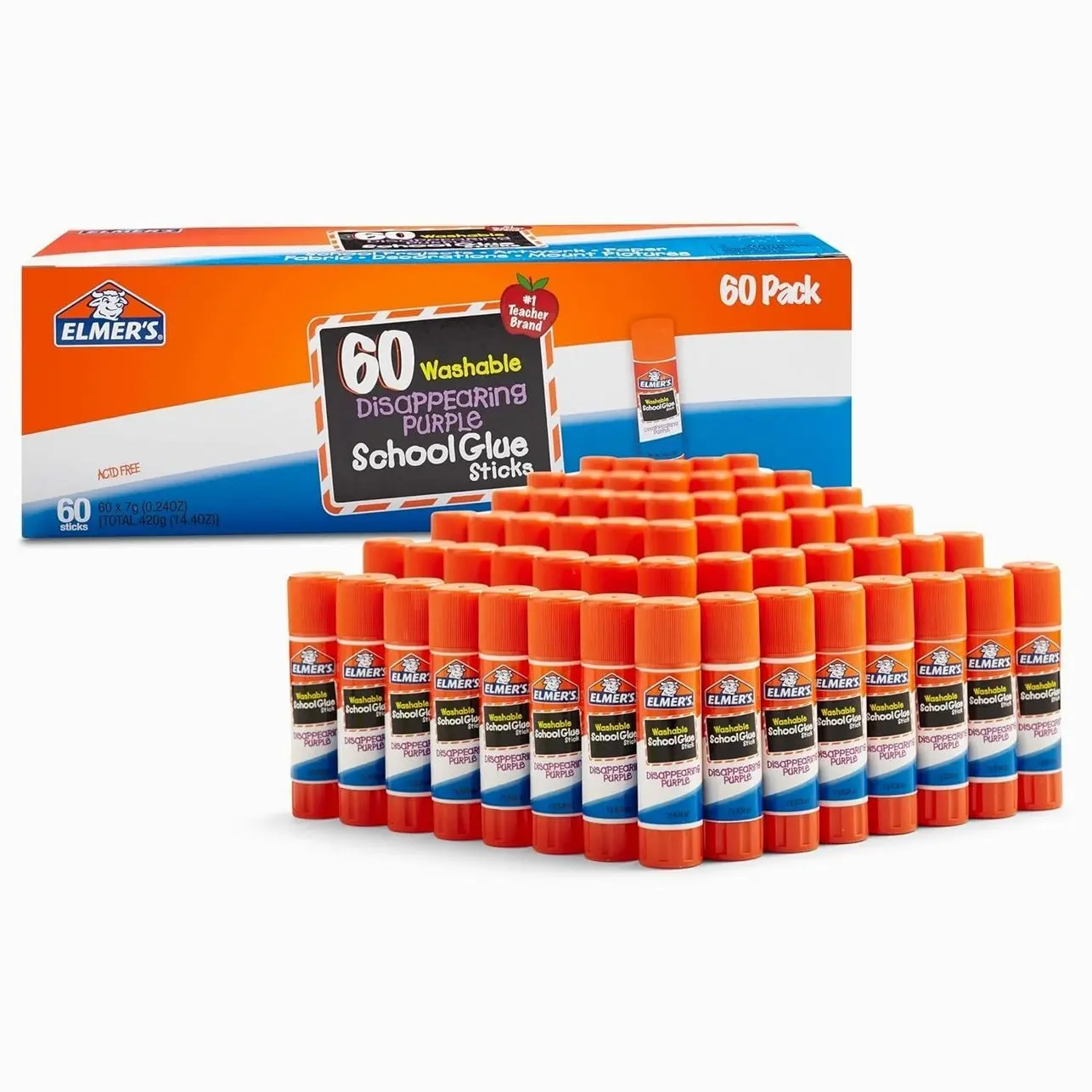 Elmer's Disappearing Purple School Glue Sticks, Washable, 7 Grams, 60 Count - Back to School Supplies, Classroom Pack, #1 Teacher Brand