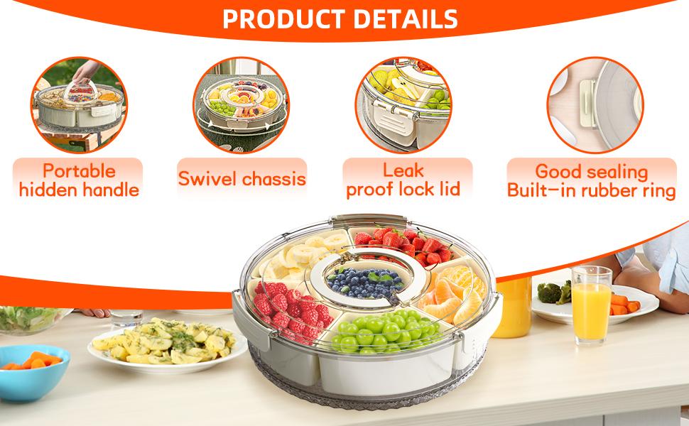 Divided Serving Tray with Lid and Handle 8-Piece Set Stackable Snack Box for Fruits Candy Organizer Portable Spinning Rounded Veggie Tray for Kitchen Party Travel Picnic Meal Prep Plate Snack Supplies