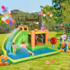 7-in-1 Inflatable Kids Castle Bounce House with Water Slide, Trampoline, Pool, Water Cannon, Ball Target, Boxing Post, Tunnel, 750W Air Blower, Carry Bag, Repair Patches (Outdoor Sports & Fitness Accessory)