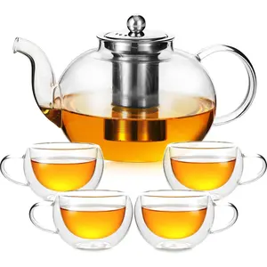 50OZ/1500ML Glass Teapot Set with 4 7OZ/200ML Double Wall Teacups, Removable Infuser, Stovetop & Microwave Safe Clear Tea Maker for Loose Leaf Blooming Tea