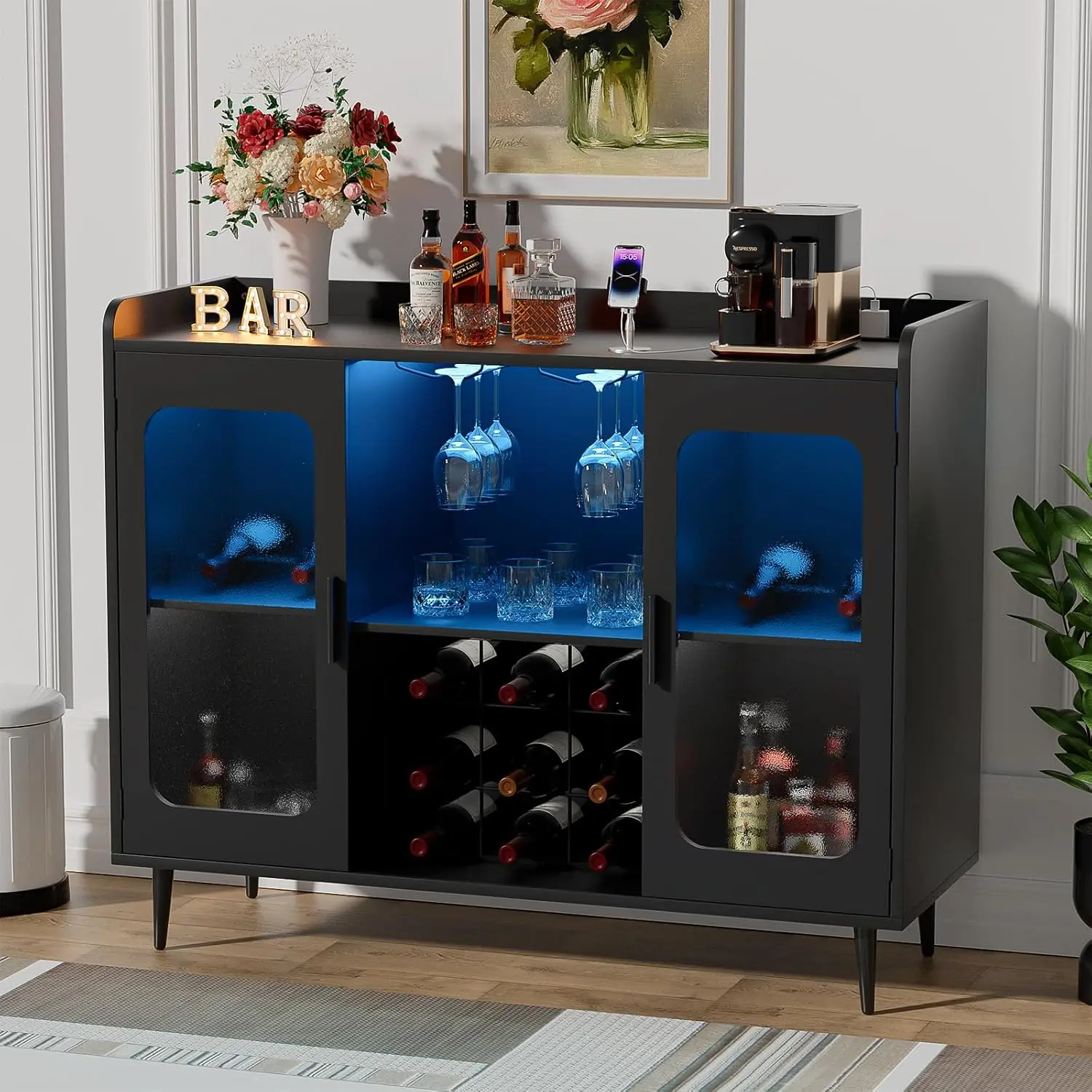 Homieasy Liquor Cabinet Bar with Power Outlet and LED Light, Wine Bar Cabinet with Wine and Glasses Rack, Home Coffee Bar Cabinet, Buffet Sideboard with Storage Shelf for Kitchen, Dining Room