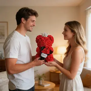 Rose Teddy Bear Crown, Romantic Eternal Rose Bear Valentine's Gift for Girlfriend Wife, Artificial Flower Bear Anniversary Proposal Gift