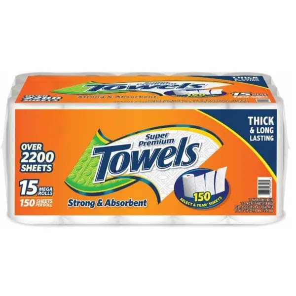 Paper Towels 2-Ply Mega Rolls 15-Pack, 150 Sheets Per Roll, Select & Tear, Strong Absorbent Bulk Paper Towels for Kitchen, Home, Office & Cleaning