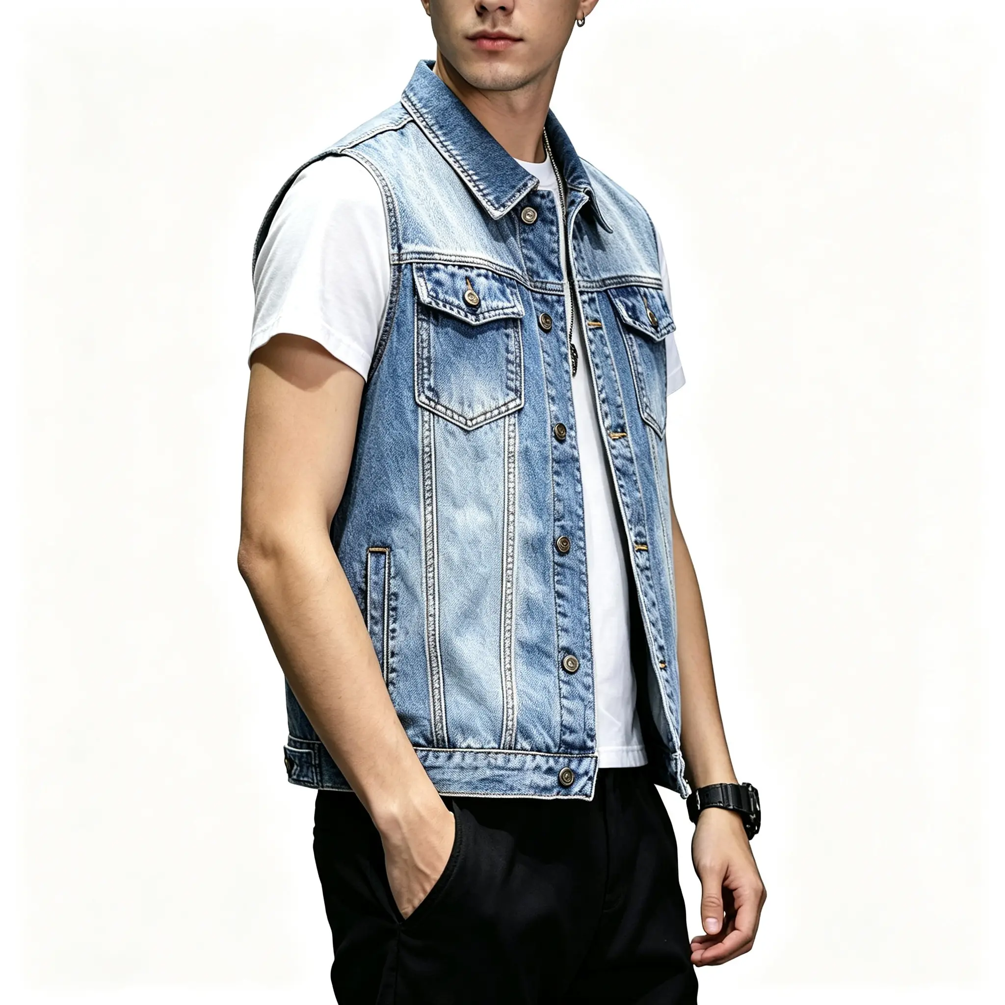 Streetwear blue washed men's denim jacket trendy brand high street versatile sleeveless vest outdoor casual men's jacket men's top Cargo Graphic