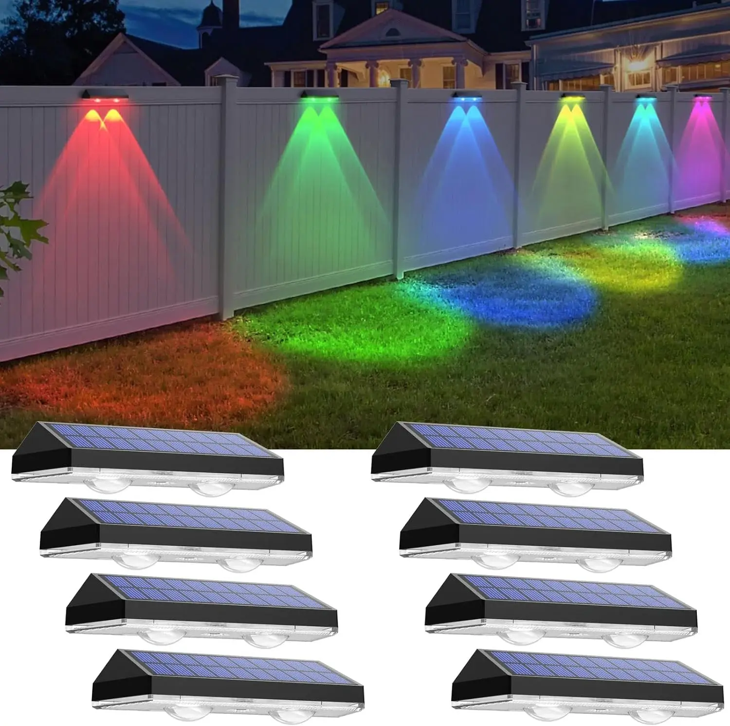 8-Pack Solar Fence Lights Outdoor - RGB 6-Color, Dusk-to-Dawn, IP65 Waterproof Deck Lights for Garden, Railing, Patio